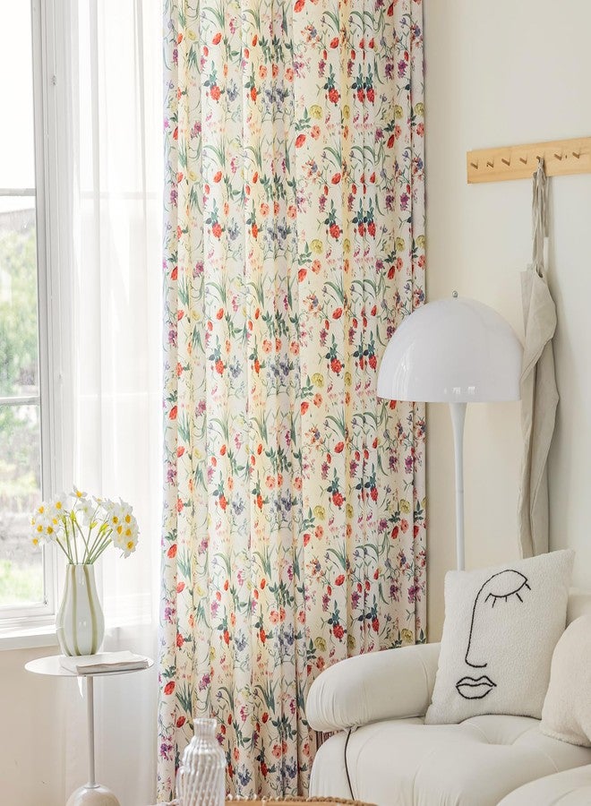 SUOUO Colorful Floral Curtains for Living Room Chenille Light Filtering 84 Inches Long 2 Panels Print Red Yellow Wildflower Botanical Window Drapes for Dining Bedroom - Image 3