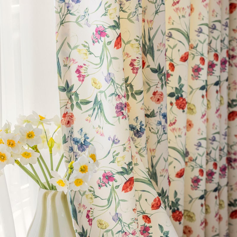 SUOUO Colorful Floral Curtains for Living Room Chenille Light Filtering 84 Inches Long 2 Panels Print Red Yellow Wildflower Botanical Window Drapes for Dining Bedroom - Image 1