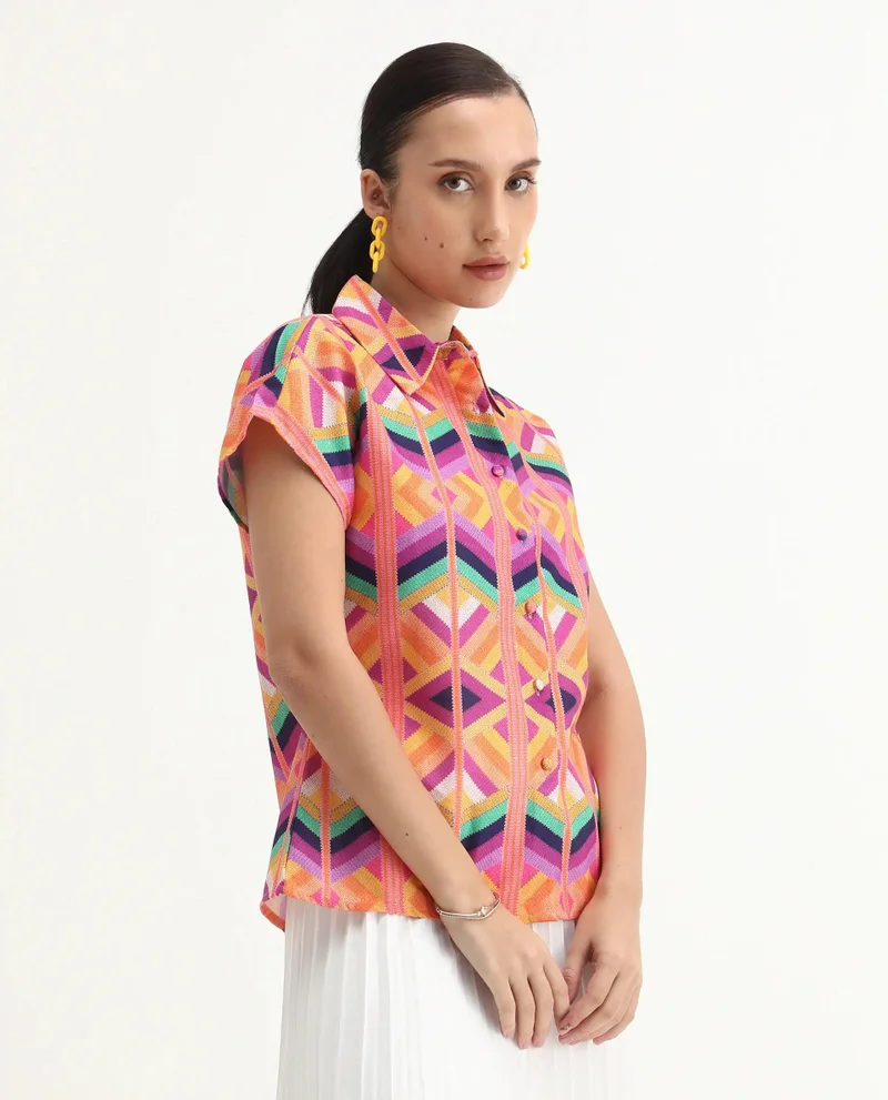 Rareism Women's Geometric Printed 100% Linen Top