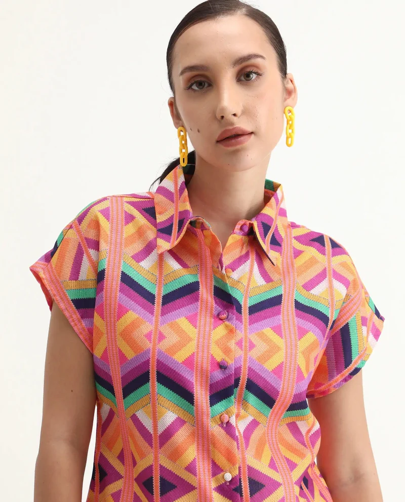 Rareism Women's Geometric Printed 100% Linen Top
