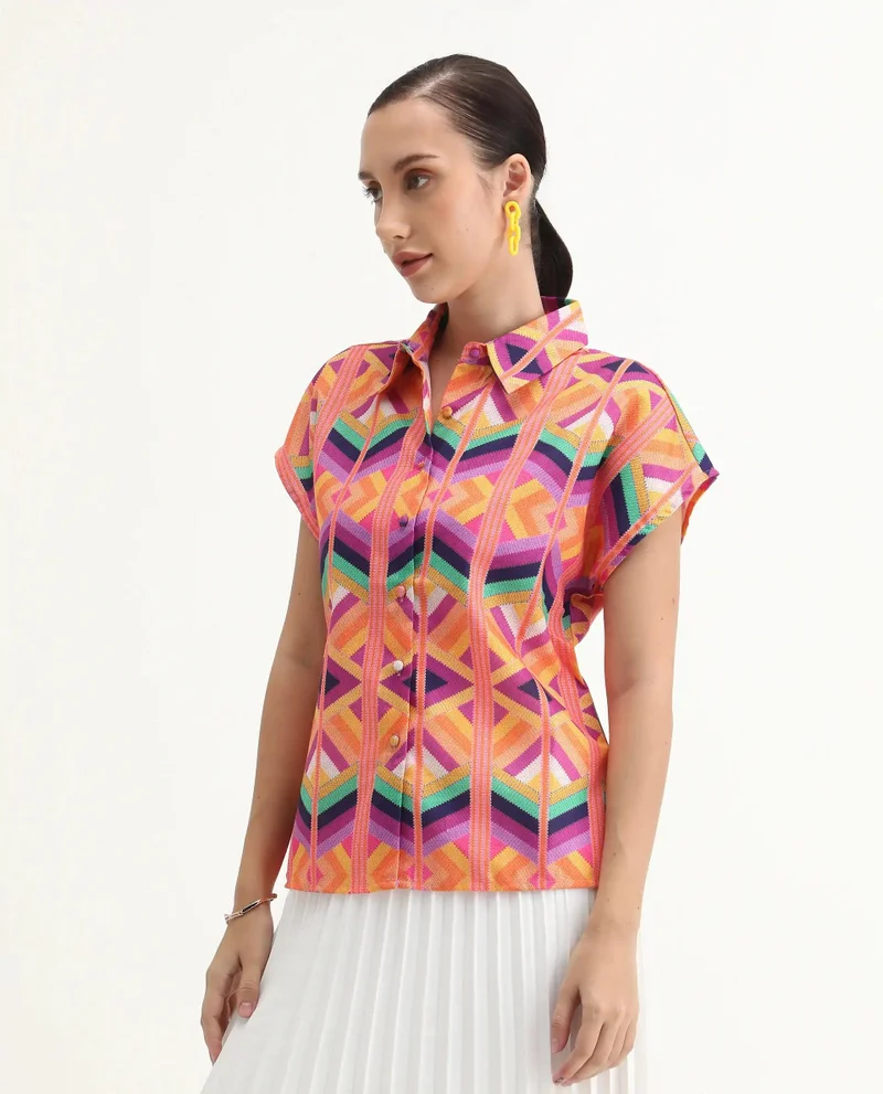 Rareism Women's Geometric Printed 100% Linen Top