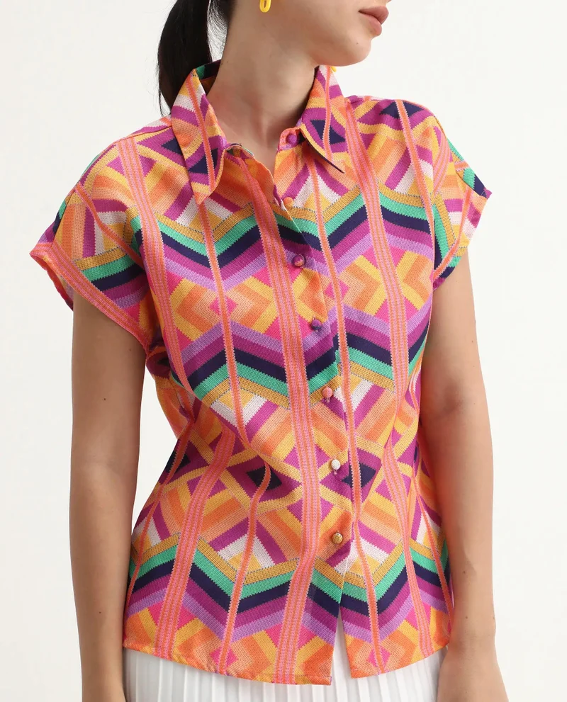 Rareism Women's Geometric Printed 100% Linen Top