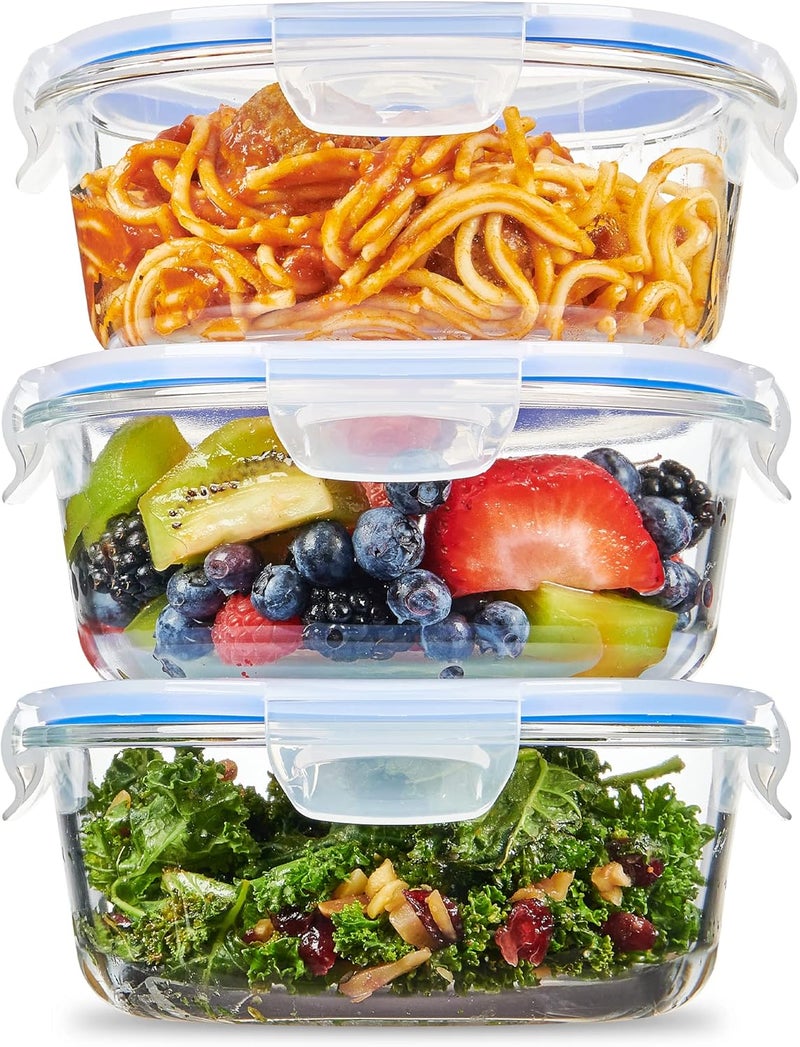 FINEDINE Superior Glass Round Meal-Prep Containers -3pk (32oz) BPA-free Airtight Food-Storage Containers with 100% Leakproof Locking Lids, Freezer-to-Oven Safe Great On-the-Go Portion Control Lunch Containers - Image 1