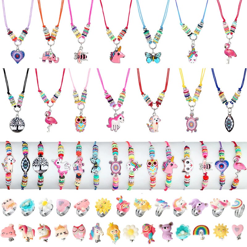 Sherr 70 Pcs Kids Jewelry Set Unicorn Mermaid Adjustable Friendship Bracelets Necklaces Rings Earrings Animal Multicolor Woven Pendant for Little Girls Pretend Play Gifts - Image 2