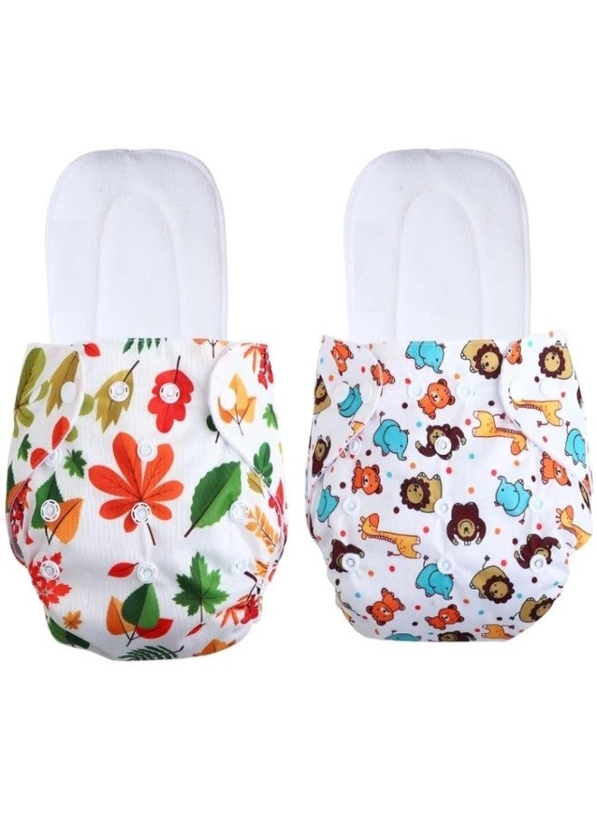 Miracle Moms Cotton Cloth Printed Diaper with 5 Layer Dry Feel White Inserts/Washable, Reusable and Adjustable Diaper for Newborn Baby & Toddlers (Pack of 2) (Flowers & Animal Printed, One Size) - Image 1