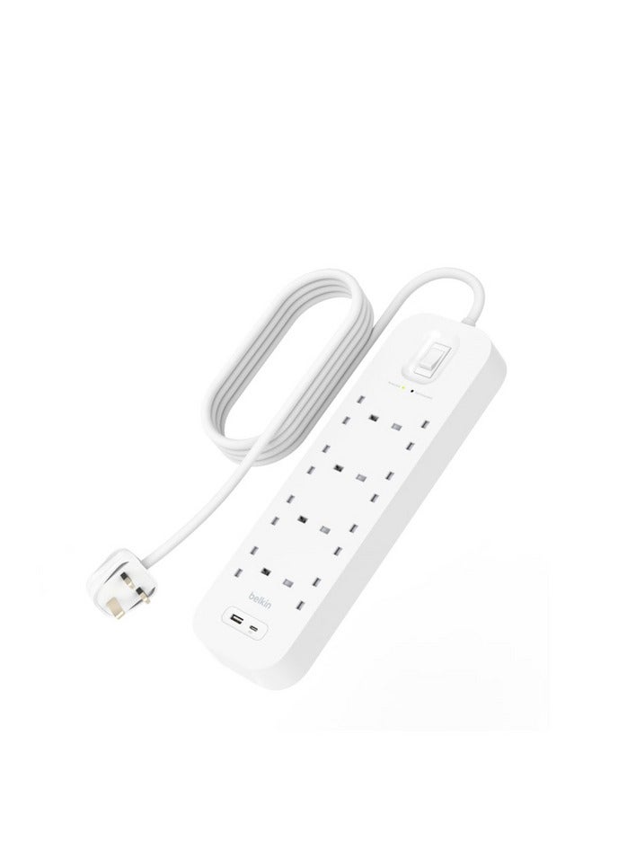 Belkin Surge Protector Power Extension Socket with 8 Outlets with 1x USB-A & 1x USB-C Ports, Highspeed PD Charging, Dynamic PPS Technology, 2 Meters Cord Length, White | SRB003ar2M - Image 5