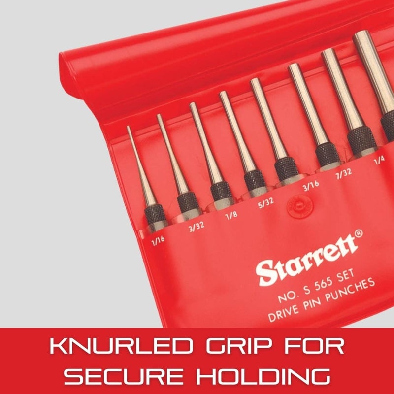 Starrett Drive Pin Punch Set with Knurled Grip and Round Red Plastic Box - 4" Length, 1/16", 3/32", 1/8", 5/32", 3/16", 7/32", 1/4", 5/16" Punch Diameter - Set of 8 - S565WB - Image 5