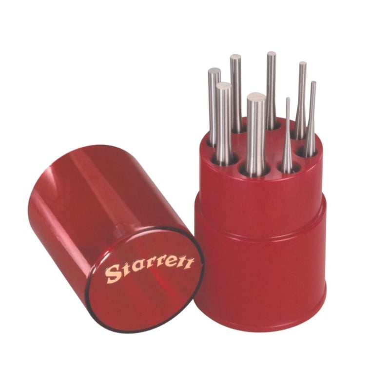 Starrett Drive Pin Punch Set with Knurled Grip and Round Red Plastic Box - 4" Length, 1/16", 3/32", 1/8", 5/32", 3/16", 7/32", 1/4", 5/16" Punch Diameter - Set of 8 - S565WB - Image 1