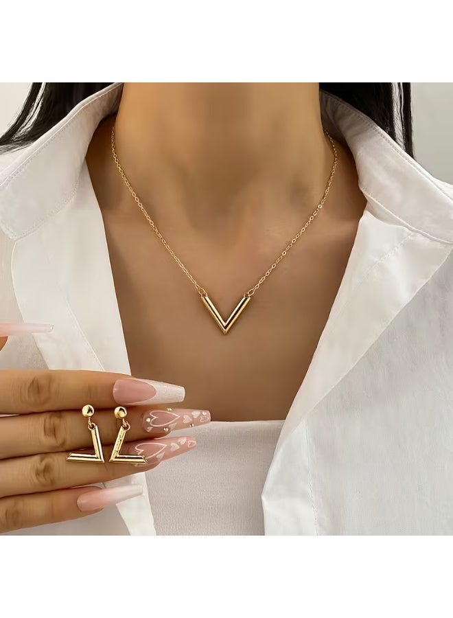 aeen 3 Pcs Geometric V-Shaped Pendant Jewelry Set for Women | Punk Style Earrings & Necklace | Bold Fashion Statement Accessories - Image 5