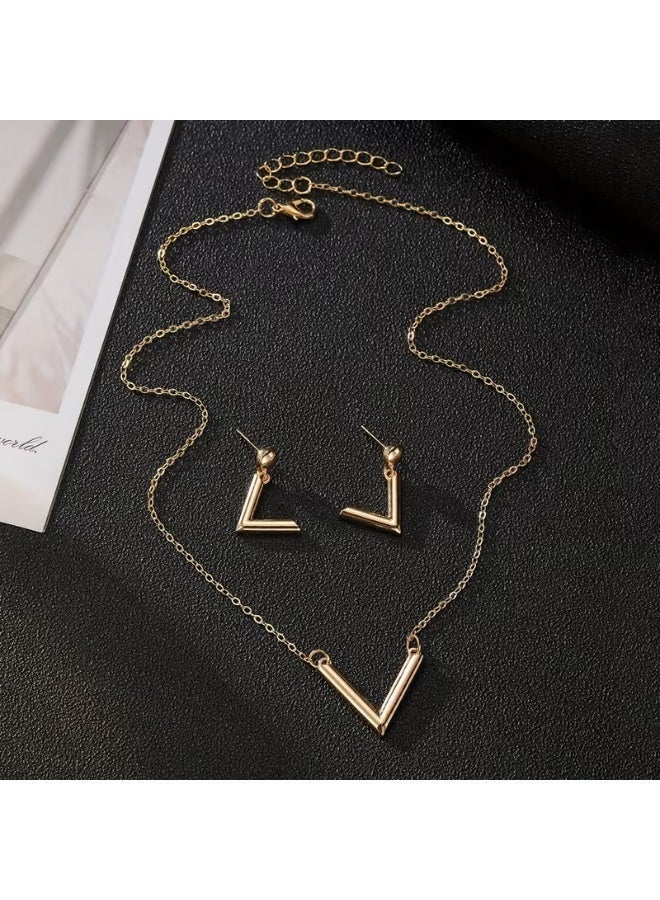 aeen 3 Pcs Geometric V-Shaped Pendant Jewelry Set for Women | Punk Style Earrings & Necklace | Bold Fashion Statement Accessories - Image 3