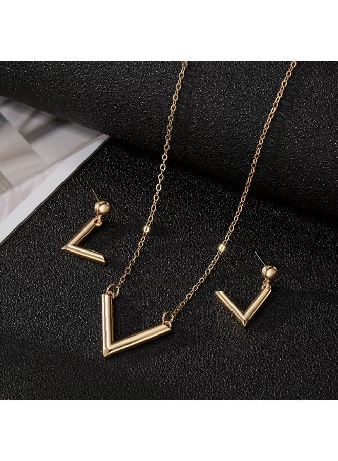 aeen 3 Pcs Geometric V-Shaped Pendant Jewelry Set for Women | Punk Style Earrings & Necklace | Bold Fashion Statement Accessories - Image 2
