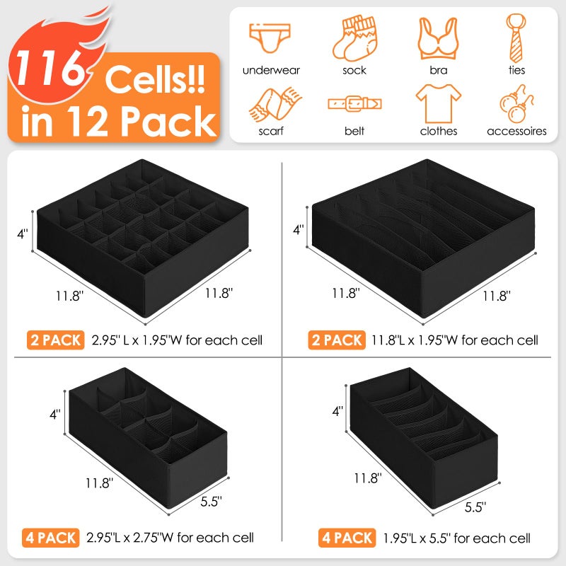 Criusia 12 Pack Drawer Organizers  116 Compartments Fabric Foldable Dresser Drawer Organizers For Clothing  Closet Organizers And Storage Bins For Clothes  Christmas Ornament Storage Boxes With Dividers - Image 2