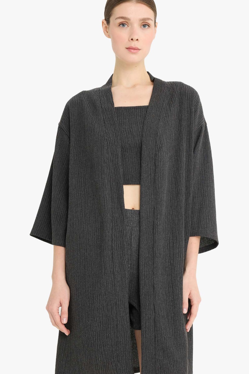 DeFacto Grey Woman Relax Fit Crinkle Long Cardigan Casual - Image 2