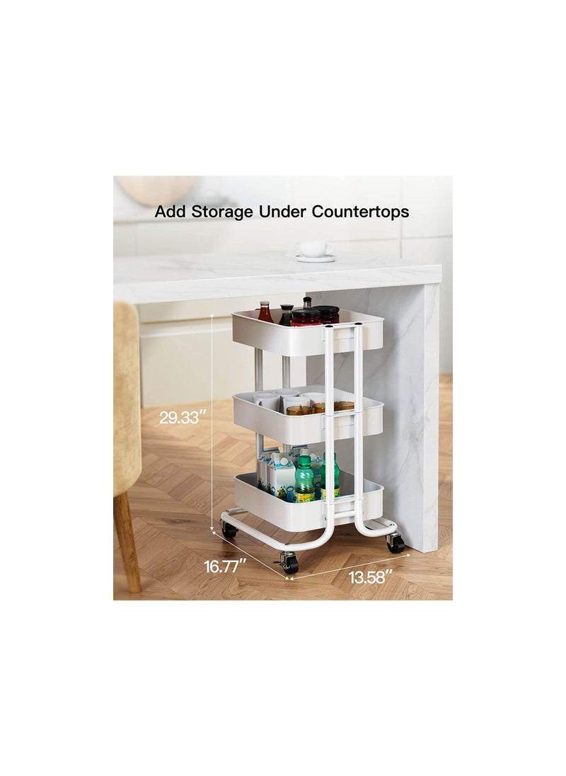 Generic - Utility Cart with Wheels features a sturdy handle, ABS storage basket, and three tiers, providing convenient organization in a sleek white design - Image 1