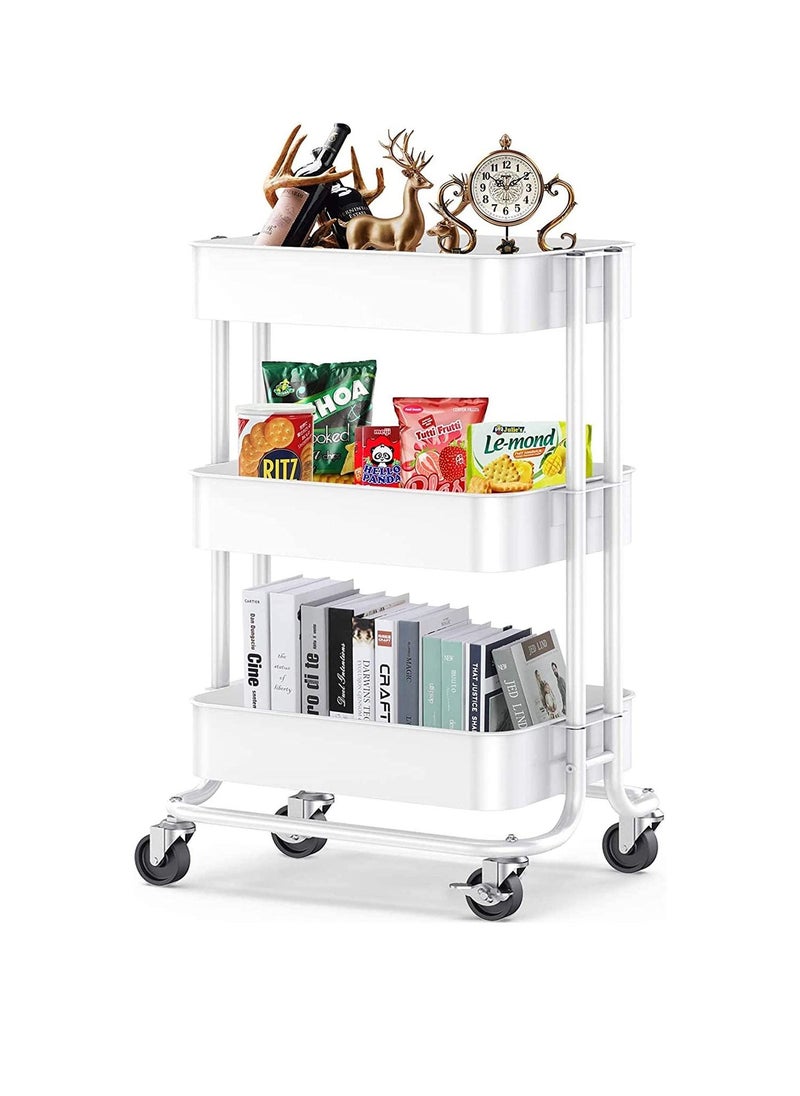 Generic - Utility Cart with Wheels features a sturdy handle, ABS storage basket, and three tiers, providing convenient organization in a sleek white design - Image 1