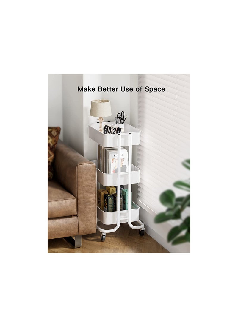 Generic - Utility Cart with Wheels features a sturdy handle, ABS storage basket, and three tiers, providing convenient organization in a sleek white design - Image 1