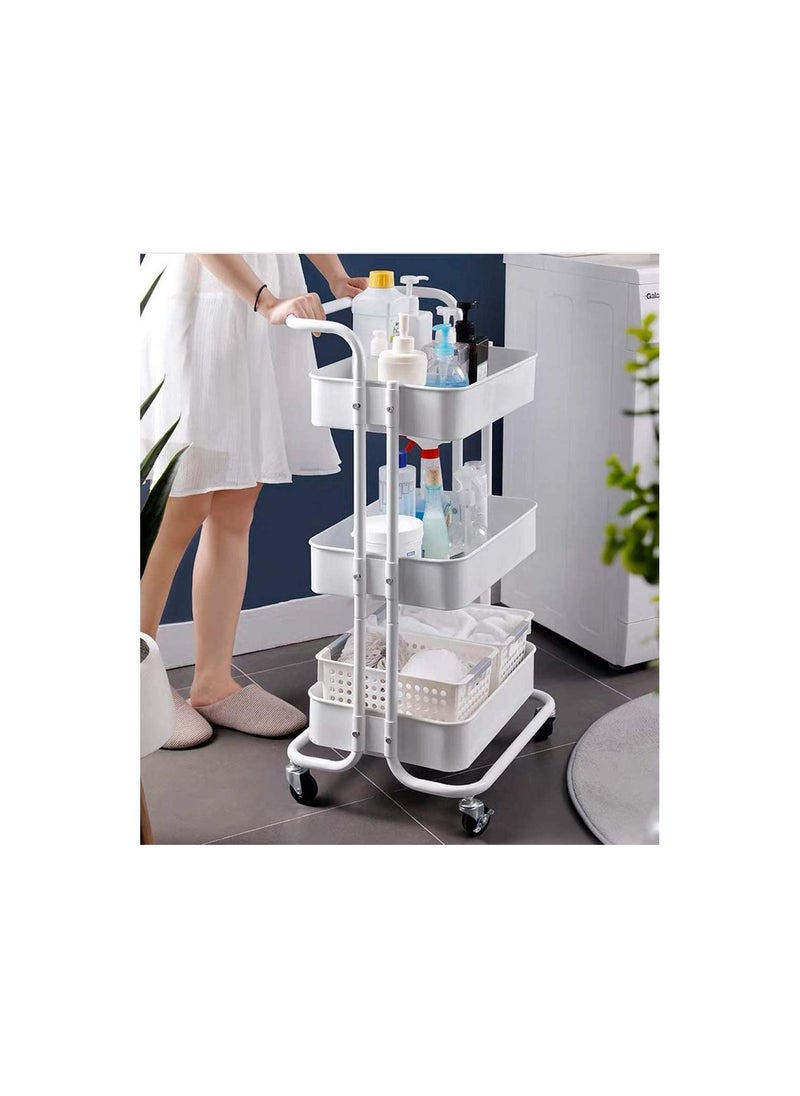Generic - Utility Cart with Wheels features a sturdy handle, ABS storage basket, and three tiers, providing convenient organization in a sleek white design - Image 1