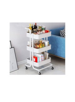Utility Cart with Wheels features a sturdy handle, ABS storage basket, and three tiers, providing convenient organization in a sleek white design