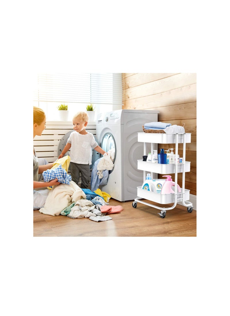 Generic - Utility Cart with Wheels features a sturdy handle, ABS storage basket, and three tiers, providing convenient organization in a sleek white design - Image 1