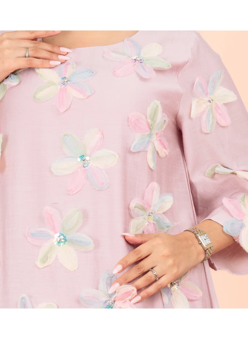 IKKXA Three Dimentional Flowers Crystal Solid Modern Jalabiya IK6028 Pink