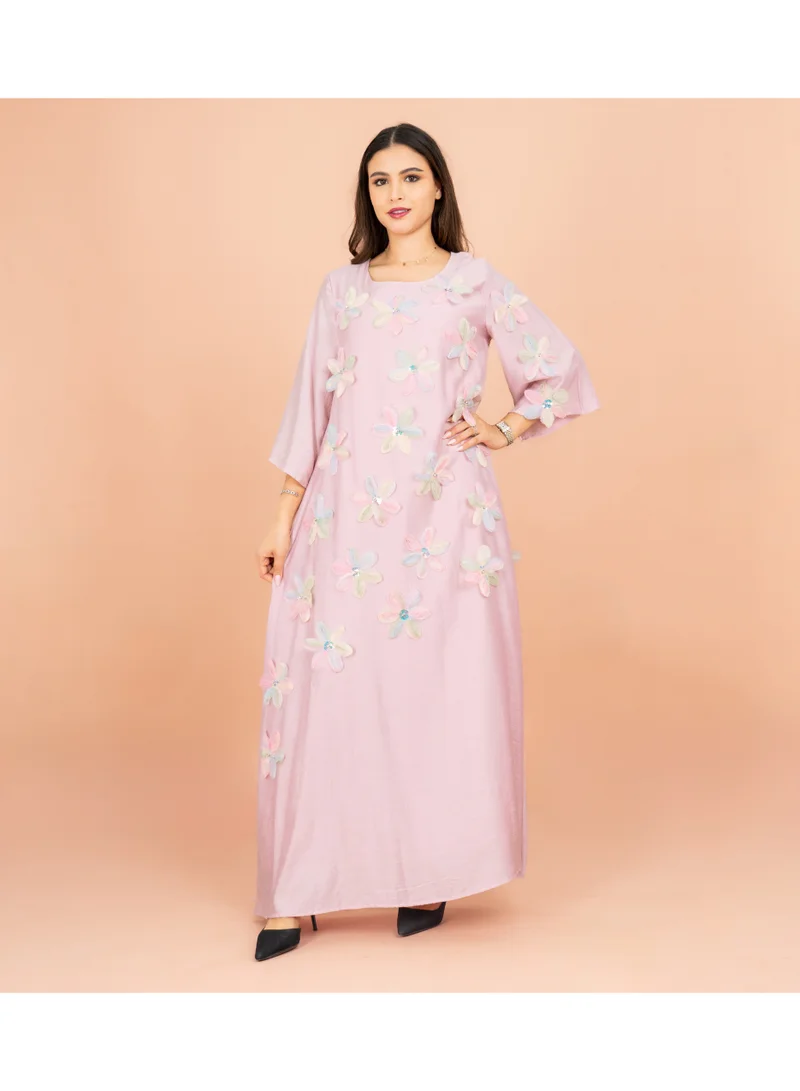 IKKXA Three Dimentional Flowers Crystal Solid Modern Jalabiya IK6028 Pink