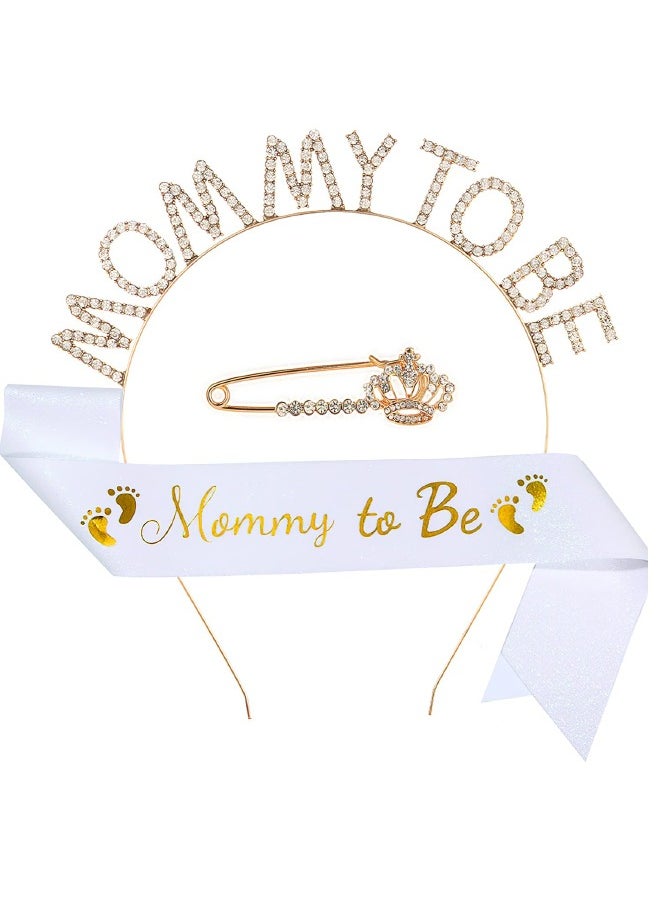 Generic - 3-Piece Mommy to be Sash/Headband/Brooch Set, Mom to be Baby Shower Party Decorations, Mommy to be Crown/Sash/Pin, Maternity Gift for Her, for Gender Reveal and Baby Showers, White/Gold - Image 1