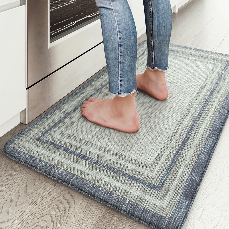 KIMODE Anti Fatigue Kitchen Mats, 17.3" x 29" Farmhouse Kitchen Rugs, Cushioned, Non-Slip Waterproof Comfort Thick Kitchen Floor Standing Mat for Corner Sink, Laundry Floor, Blue and Gray - Image 1
