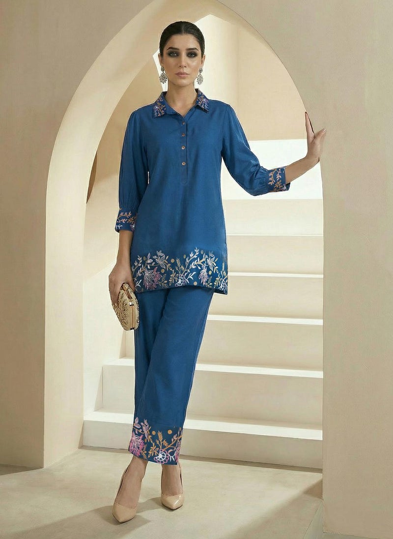 Globus Women's Blue Casual Co-Ord Set with Shirt Collar and Thread Work Detail - Image 1