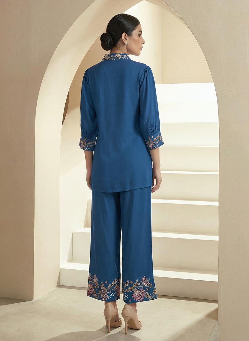Globus Women's Blue Casual Co-Ord Set with Shirt Collar and Thread Work Detail - Image 4