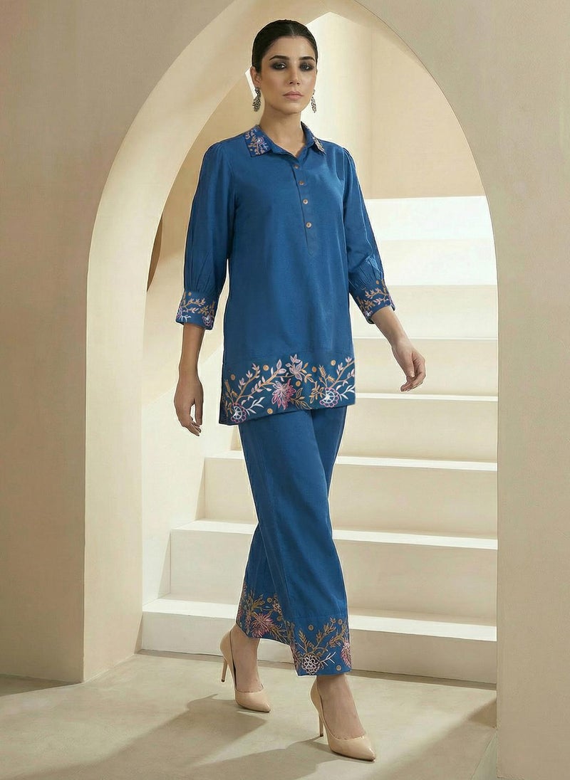 Globus Women's Blue Casual Co-Ord Set with Shirt Collar and Thread Work Detail - Image 3