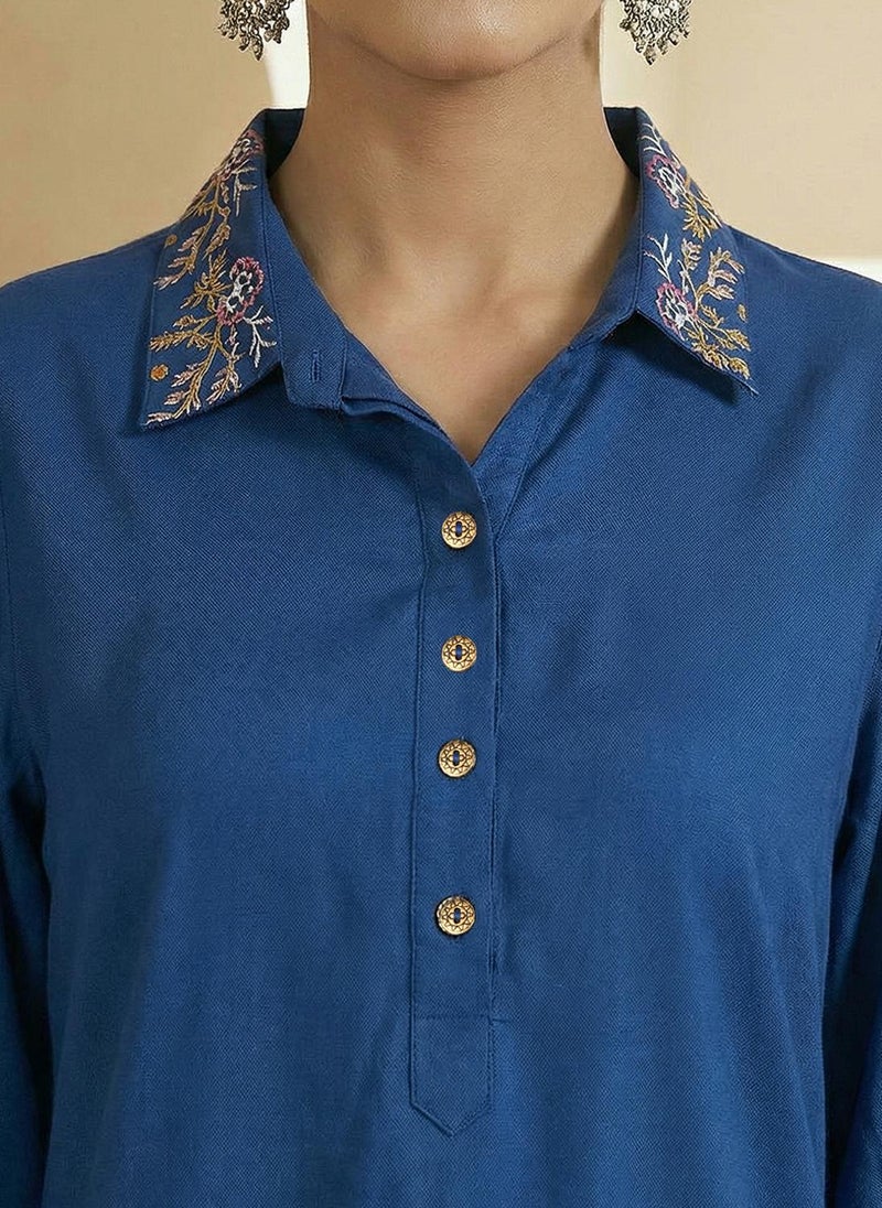 Globus Women's Blue Casual Co-Ord Set with Shirt Collar and Thread Work Detail - Image 5