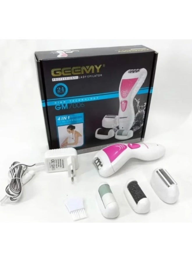 جيمي جهاز إزالة الشعر GEEMY GM 7006 4 في 1 القابل لإعادة الشحن والمقاوم للماء بقوة 3 وات باللون الأبيض مع ماكينة تشذيب البكيني وحجرين من الخفاف - Image 1