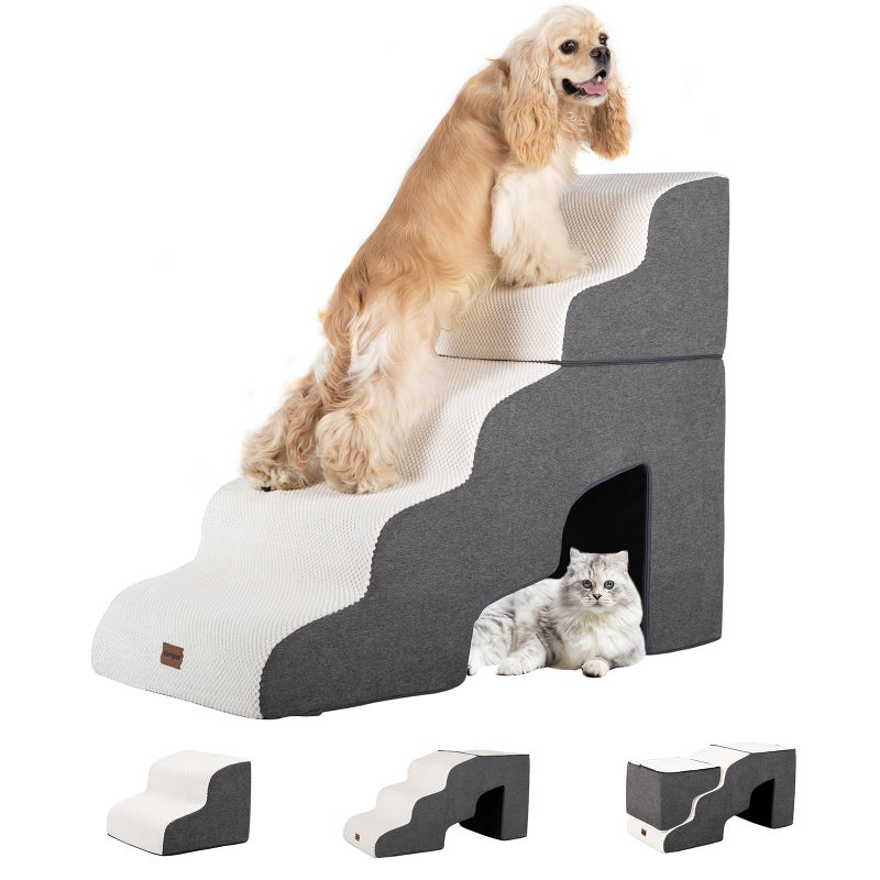 Garnpet Dog Stairs for High Beds with Tunnel, 5-Step Dog Steps for Small Dogs and Cats, Foldable Pet Stairs for High Bed Climbing, Non-Slip Balanced Pet Step Indoor, Beige - Image 1