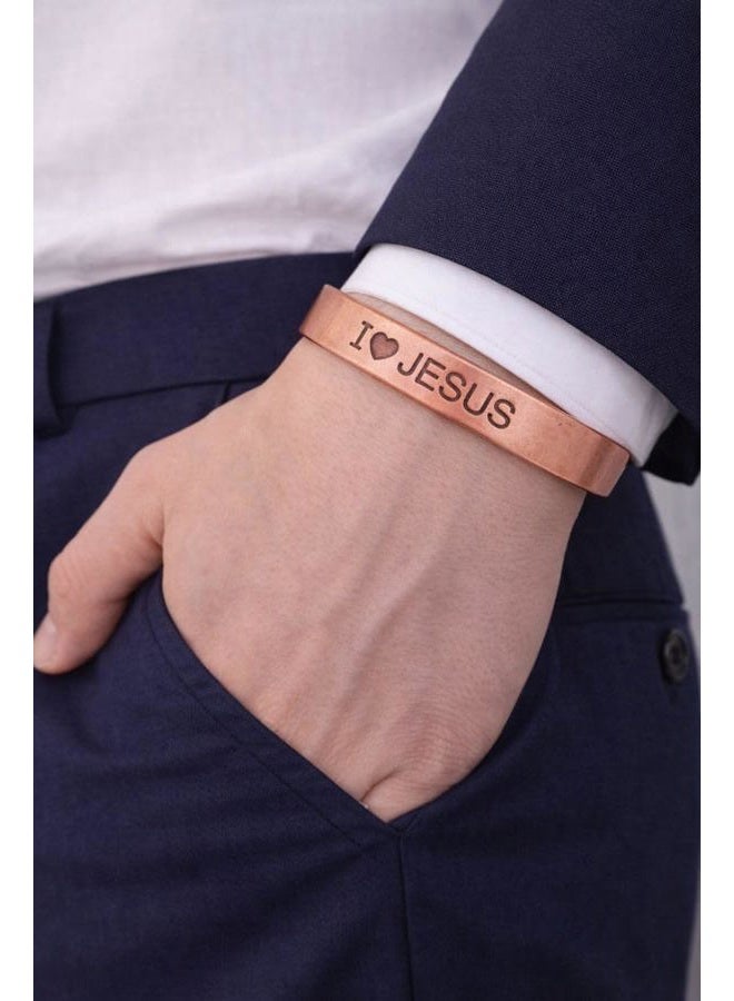 Touchstone copper magnetic bracelets inspirational messages engraved "I Love Jesus" "Faith Hope Love" "Grateful Heart". set of 3 in natural tone. - Image 2