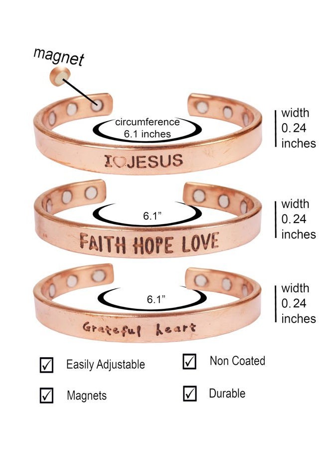 Touchstone copper magnetic bracelets inspirational messages engraved "I Love Jesus" "Faith Hope Love" "Grateful Heart". set of 3 in natural tone. - Image 5