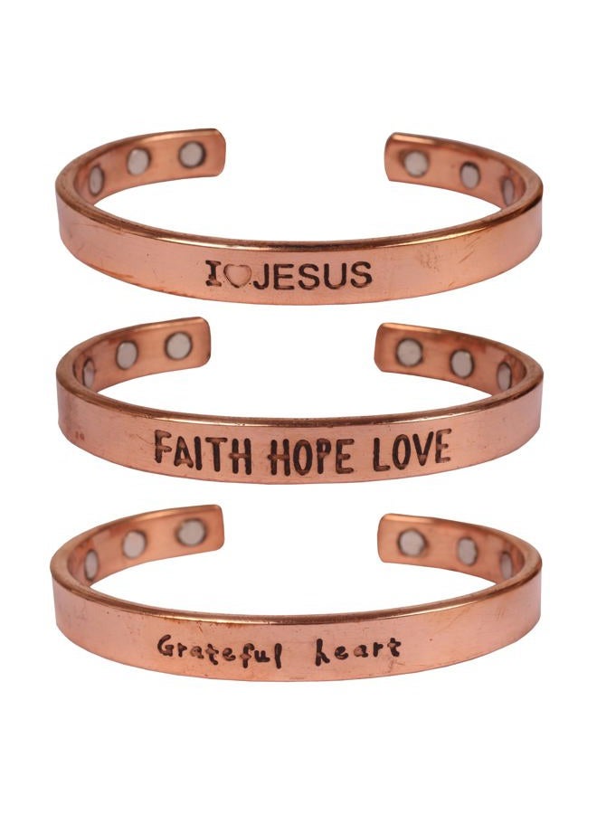 Touchstone copper magnetic bracelets inspirational messages engraved "I Love Jesus" "Faith Hope Love" "Grateful Heart". set of 3 in natural tone. - Image 1