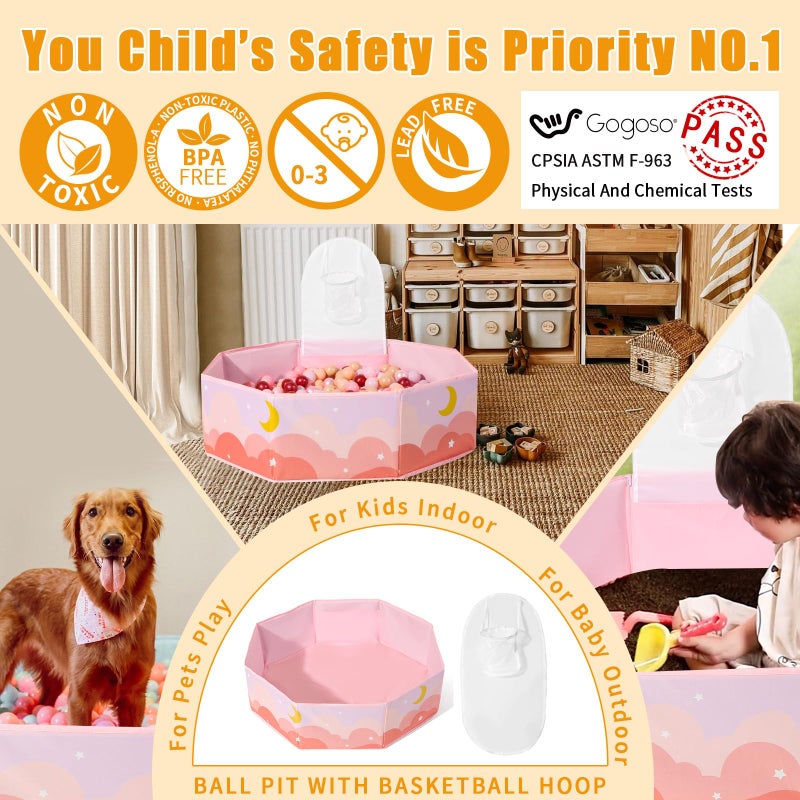GOGOSO Pink Ball Pit for Toddlers, Large Play Ball Pool with Basketball Hoop Big Playpen for Infant Kids, Dogs, and Cats - Sturdy Construction (Balls Not Included), Cloud - Image 4