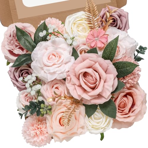 Serwalin Artificial Flowers Pink Wedding Decor Pink Flowers Cake Decoration Fake Flowers Silk Flowers Bridal Bouquets Centerpieces Dusty Rose Flowers Box DIY White Roses Home Decor