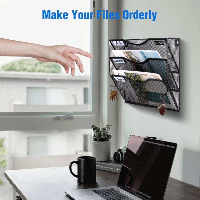 BOHDK Wall File Organizer, 3 Tire Hanging File Folder Mail Organizer, Vertical Mesh Metal Door/Wall Mount Hanging File Holder, Paper Document Magazine Rack with Hooks for Home Office Black - Image 3
