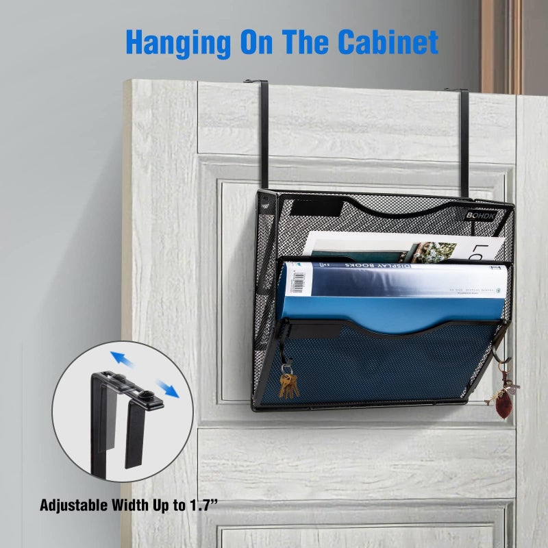 BOHDK Wall File Organizer, 3 Tire Hanging File Folder Mail Organizer, Vertical Mesh Metal Door/Wall Mount Hanging File Holder, Paper Document Magazine Rack with Hooks for Home Office Black - Image 4