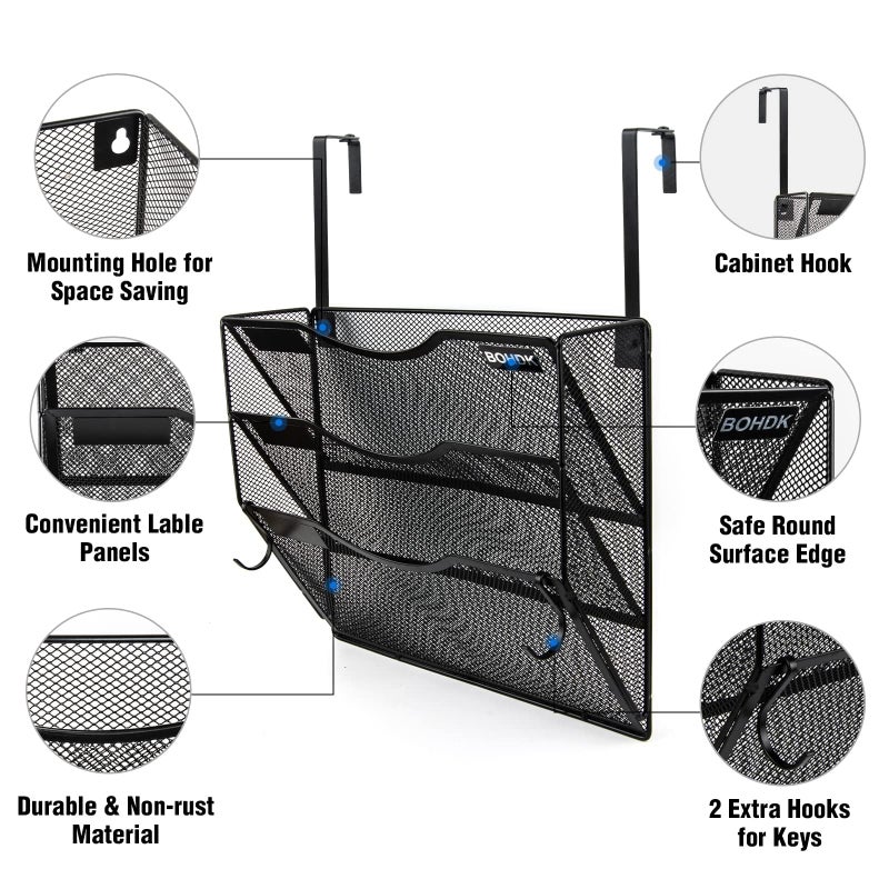 BOHDK Wall File Organizer, 3 Tire Hanging File Folder Mail Organizer, Vertical Mesh Metal Door/Wall Mount Hanging File Holder, Paper Document Magazine Rack with Hooks for Home Office Black - Image 2