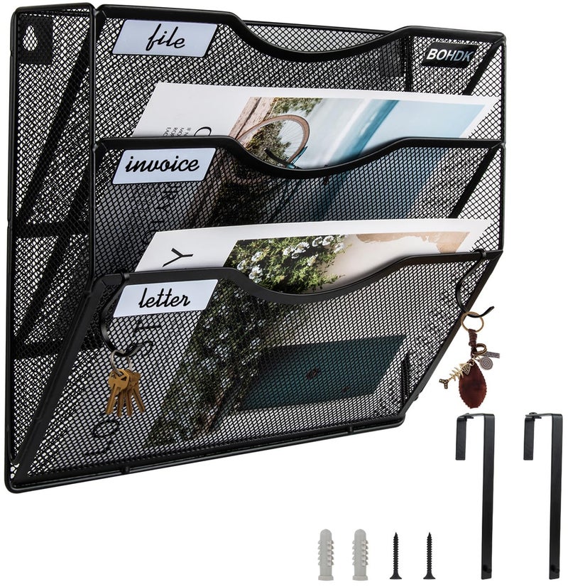 BOHDK Wall File Organizer, 3 Tire Hanging File Folder Mail Organizer, Vertical Mesh Metal Door/Wall Mount Hanging File Holder, Paper Document Magazine Rack with Hooks for Home Office Black - Image 1