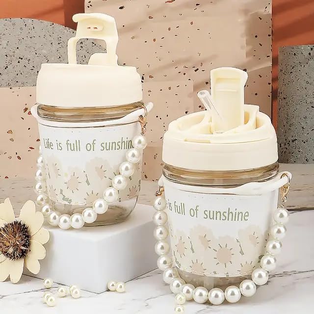 KHOLAD Glass Travel Sipper With Double Drink Straw And Lids Pack Of 1Reusable Coffee Mugs With Pearl Chain Belt SleeveKids Girls Tumbler For Juice Smoothies Milk Cups White 350 Ml - Image 4