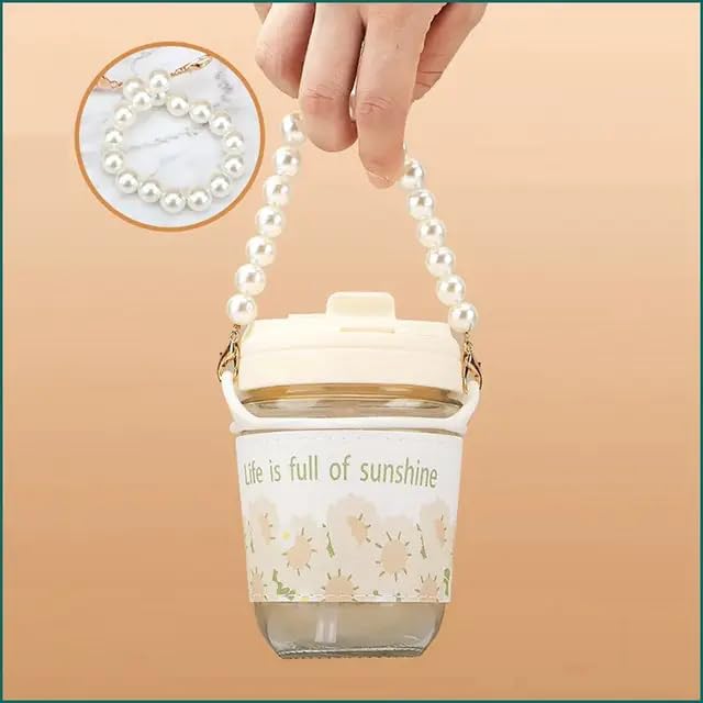 KHOLAD Glass Travel Sipper With Double Drink Straw And Lids Pack Of 1Reusable Coffee Mugs With Pearl Chain Belt SleeveKids Girls Tumbler For Juice Smoothies Milk Cups White 350 Ml - Image 3