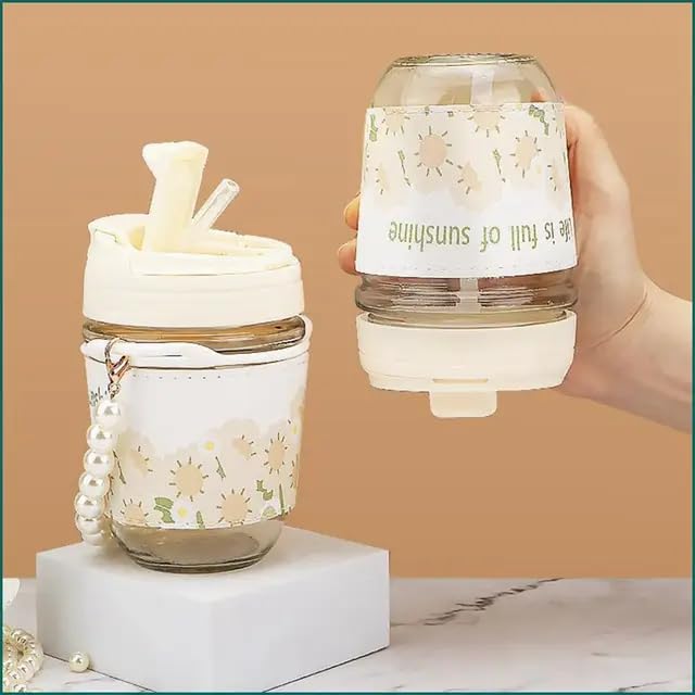 KHOLAD Glass Travel Sipper With Double Drink Straw And Lids Pack Of 1Reusable Coffee Mugs With Pearl Chain Belt SleeveKids Girls Tumbler For Juice Smoothies Milk Cups White 350 Ml - Image 5