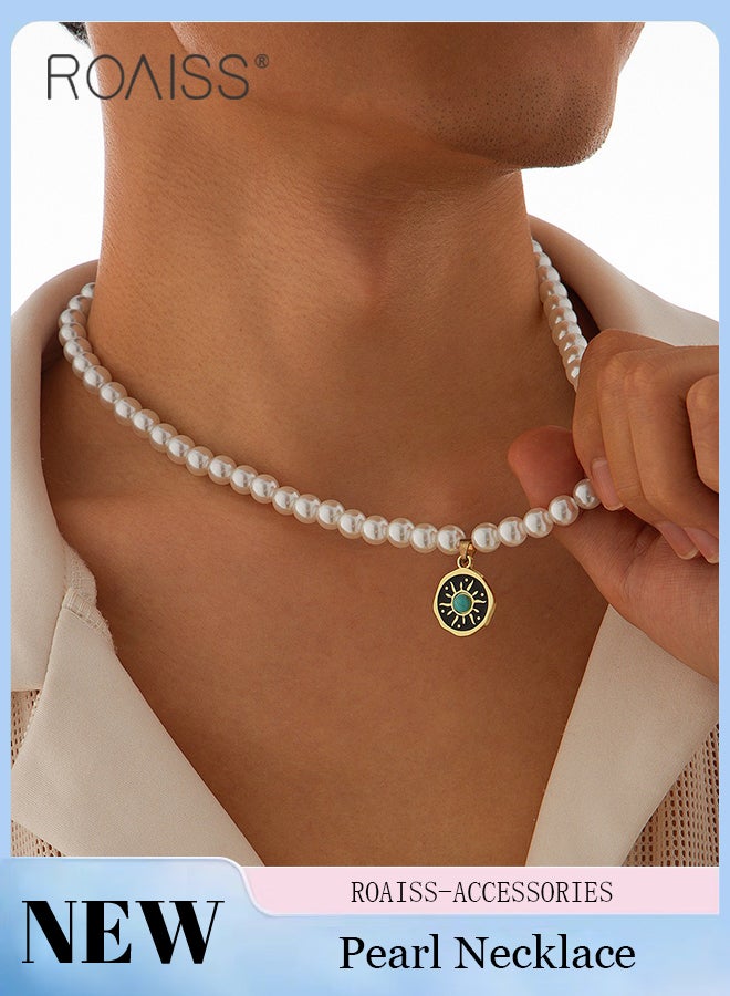 roaiss Men's Pearl Necklace, Simple Hip Hop Sun Pendant Necklace, Integrated Clavicle Chain, Suitable for Daily Wear and Party - Image 1