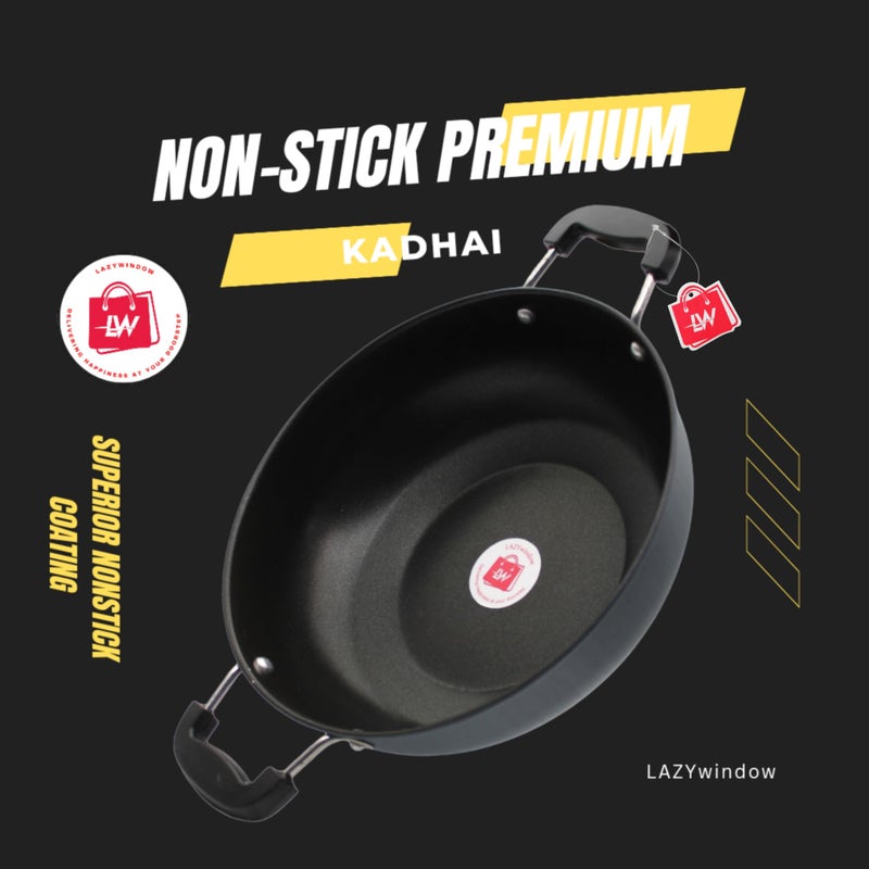 LAZYwindow Nonstick Kadhai, 26 cm Diameter, 3L Capacity, Black | Durable & Versatile Cooking Essential - Image 2