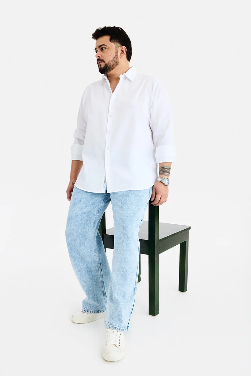 سنيتش White Textured Long Sleeve Regular Fit Plus Size Shirt