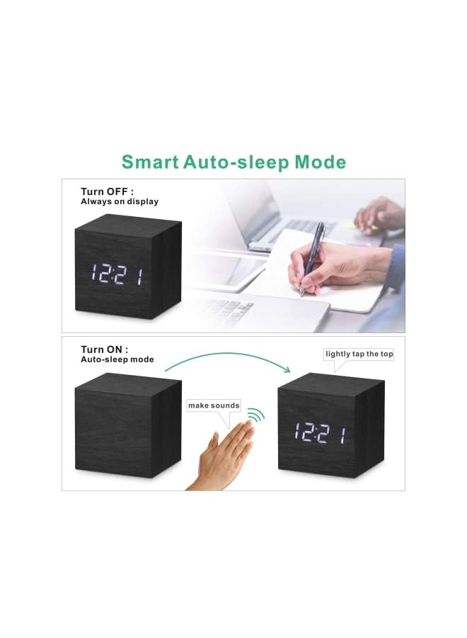 Arabest Wooden Digital Alarm Clock, LED Table Clock with 3 Alarm Settings, 12/24Hr, Snooze Brightness and Voice Control, USB Battery Powered Digital Clock for Heavy Sleepers, Kids, Bedrooms (Black)