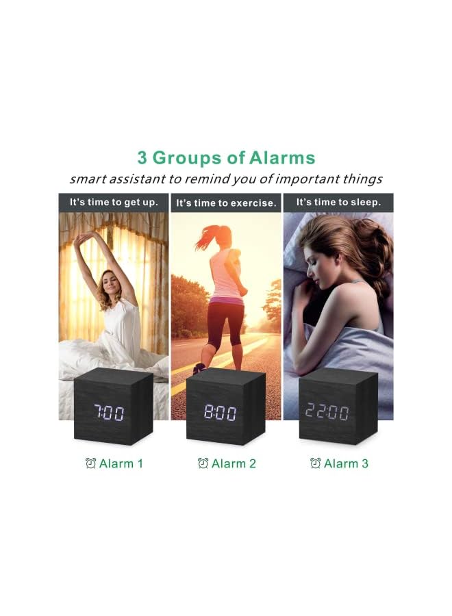 Arabest Wooden Digital Alarm Clock, LED Table Clock with 3 Alarm Settings, 12/24Hr, Snooze Brightness and Voice Control, USB Battery Powered Digital Clock for Heavy Sleepers, Kids, Bedrooms (Black)